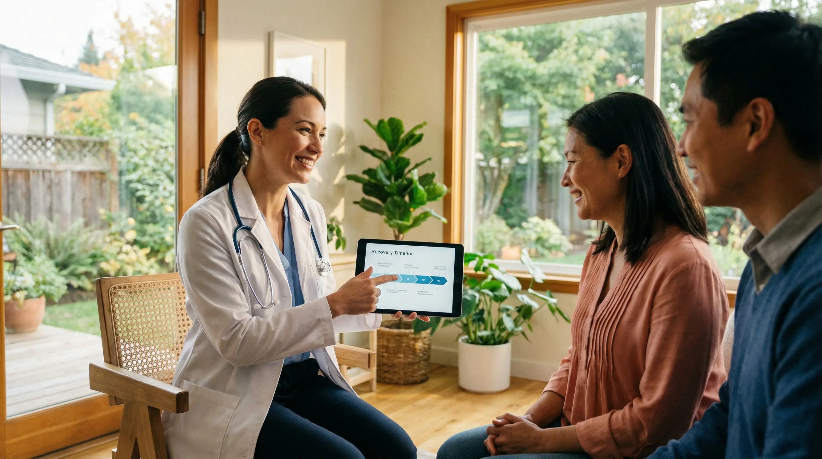 의사가 환자에게 수술 및 입원 치료 계획을 설명하는 희망적인 진료실 풍경