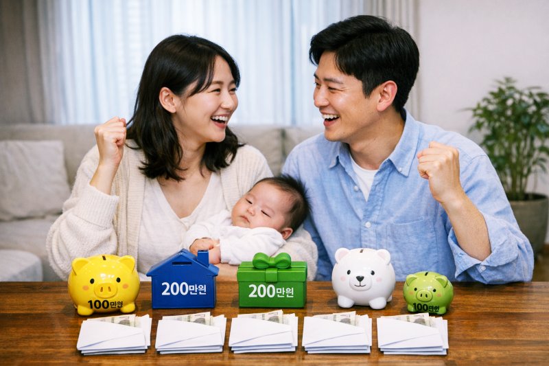 아이와 함께 미소짓는 부부