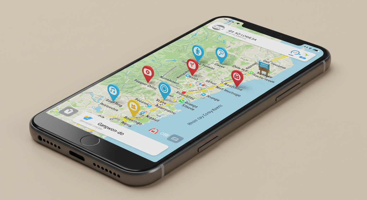 강원도 지도가 표시된 스마트폰과 여행 계획 아이콘들.