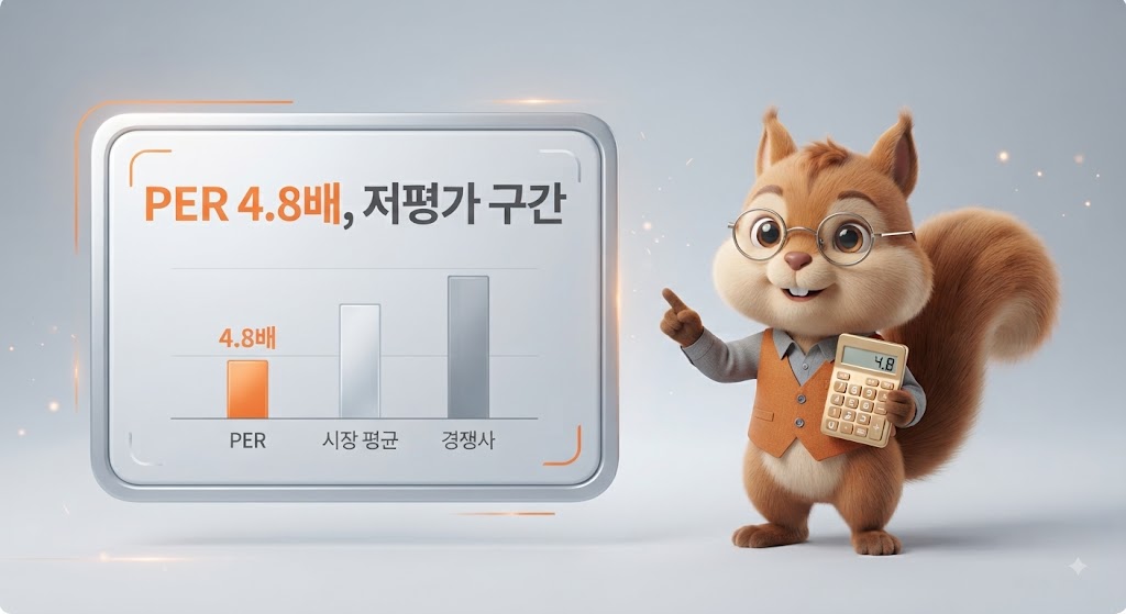 은색 정보 패널의 PER 저평가 구간을 가리키는 안경 쓴 다람쥐 캐릭터
