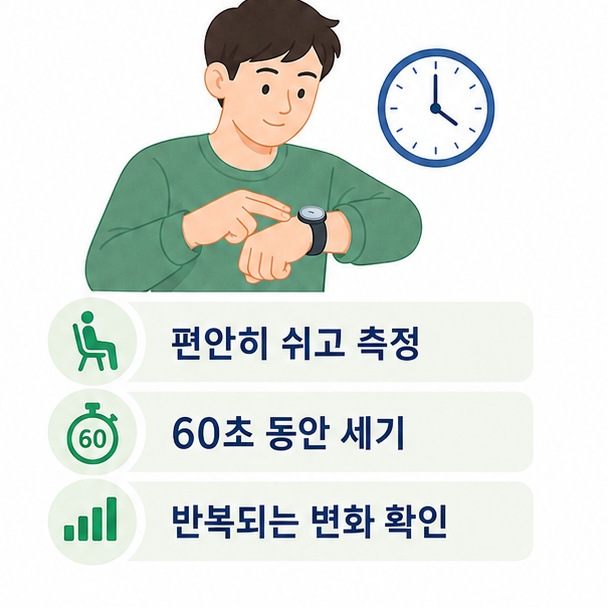 손목에 두 손가락을 대고 60초 동안 맥박을 측정하는 방법과 반복 확인을 보여주는 그림