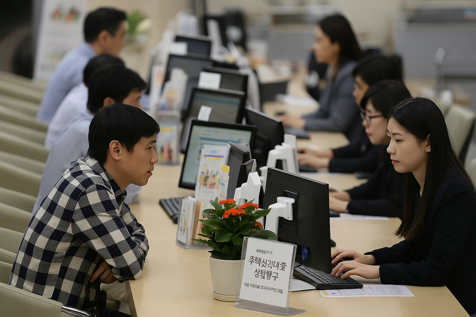 은행 창구에서 고객과 직원이 상담하는 사실적인 장면