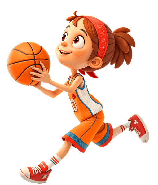 갈색머리를 하나로 묶은 소녀가 농구공을 들고 위를 보며 던지려고 한다.