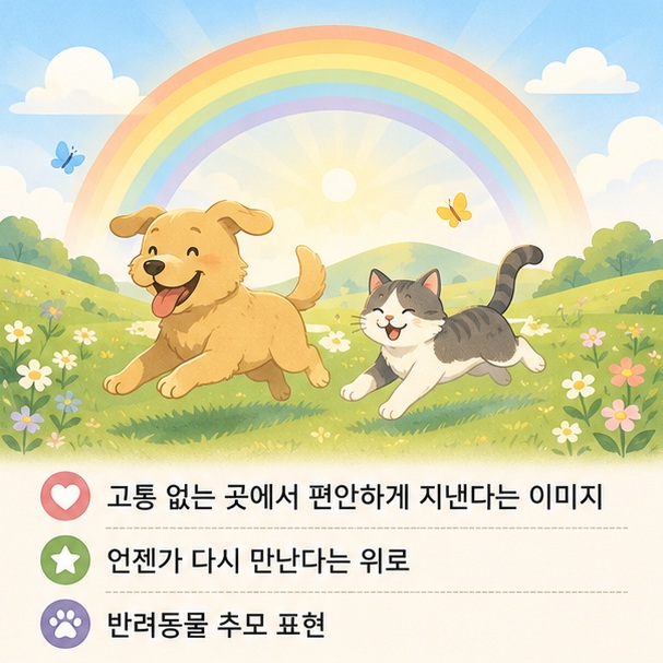 무지개 너머의 밝은 초원에서 반려동물이 건강하게 지내는 모습을 통해 고통 없는 곳에서 편안히 지내고 언젠가 다시 만난다는 위로의 의미를 보여 주는 그림