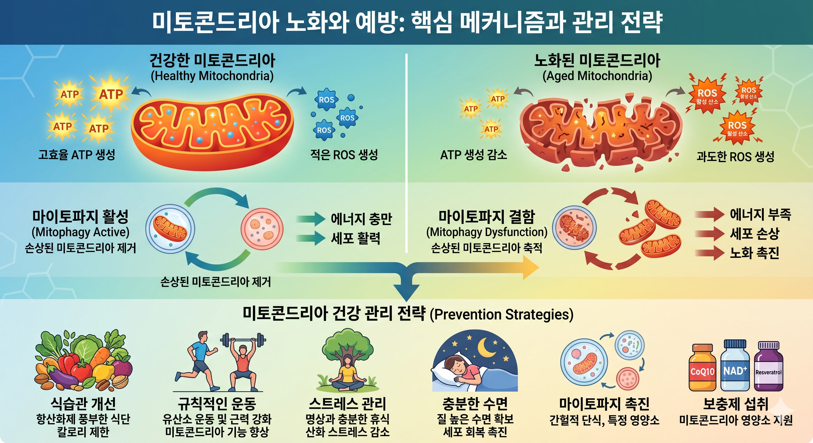 미토콘드리아 노화 &mdash; ATP 생산 저하 활성산소 증가 미토파지 감소 mtDNA 손상 Zone2 운동 회복 전략