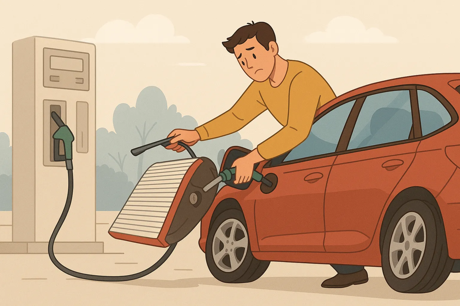 주유소에서-차를-기울인-상태로-연료를-넣는-남성의-모습-주유-방식에-따라-연료가-더-들어갈-수-있는지에-대한-호기심을-표현한-장면