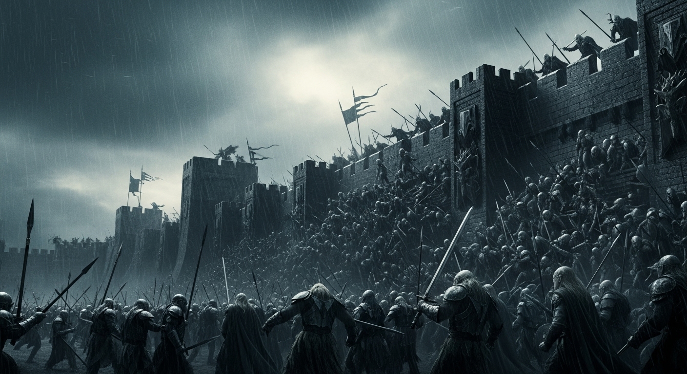 헬름 협곡 전투의 웅장한 장면. 빗속에서 우르크하이와 수비군이 격렬하게 싸우는 모습이 영화의 명장면을 떠올리게 합니다.