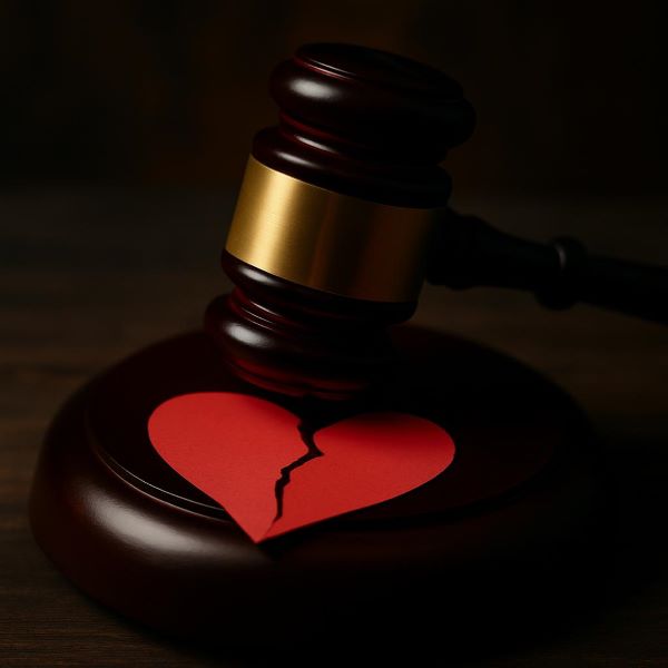 “감정적으로 손상된 심장을 상징하는 붉은 조각 위에 내려지는 판사의 망치, 정신적 고통에 대한 법적 책임을 표현한 이미지”