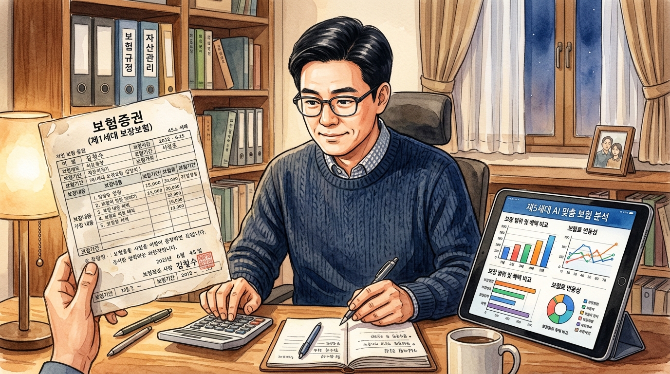 1세대 실손 보험 증권과 2026년 출시 될 5세대 실손보험을 비교 분석하고 있는 모습.