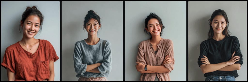실사 스타일 인물 정보 설정 예시_20대 동양 여성_미소_Midjourney