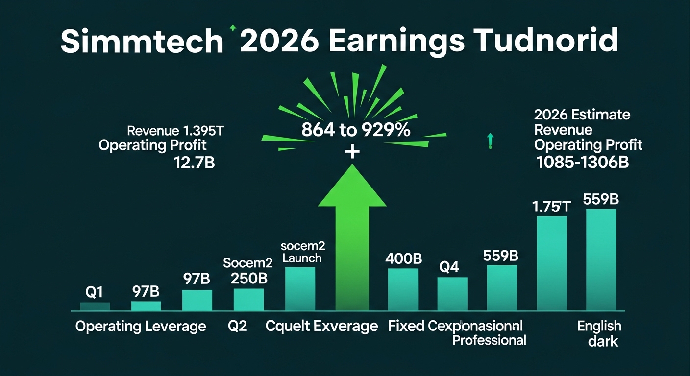 Simmtech 2026 earnings turnaround scenario dark teal background left 2025 actual bar revenue 1.395T operating profit 12.7B tiny right 2026 estimate bar revenue 1.757T tall teal operating profit 1085-1306B massive bright green center explosive upward arrow label plus 864 to 929 percent quarterly staircase Q1 97B Q2 socem2 launch 250B Q3 400B Q4 559B operating leverage fixed cost explanation diagram English labels professional dark