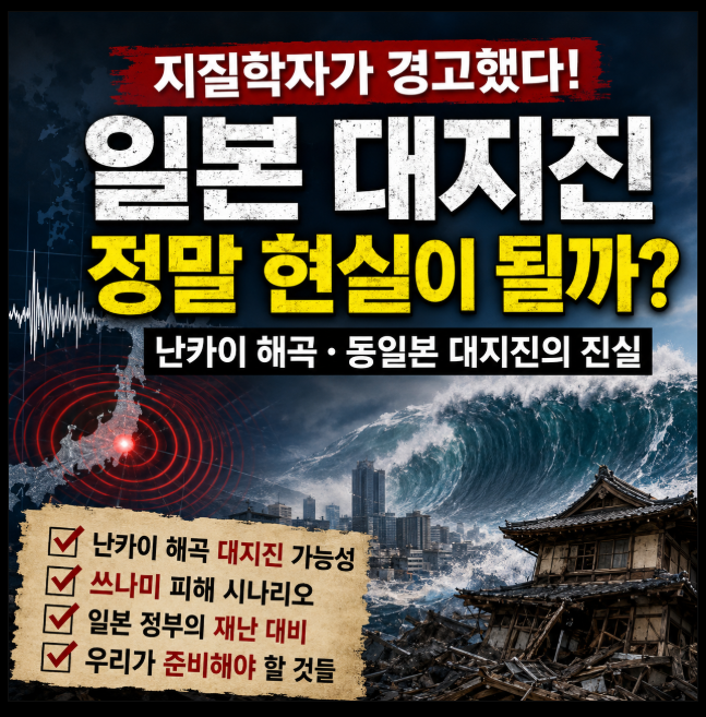 거대한 쓰나미가 일본 해안을 덮치는 모습과 난카이 해곡, 동일본 대지진 가능성을 강조한 재난 콘셉트 썸네일
