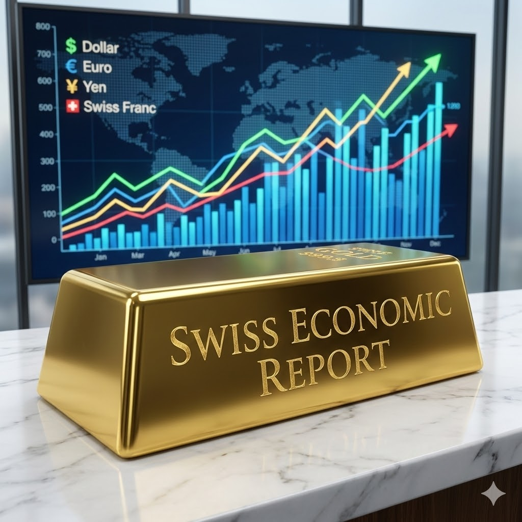 A luxurious gold bar with "SWISS ECONOMIC REPORT" gold leaf script on a polished marble desk with multi-colored global currency flow charts in the background. Ultra-high definition.