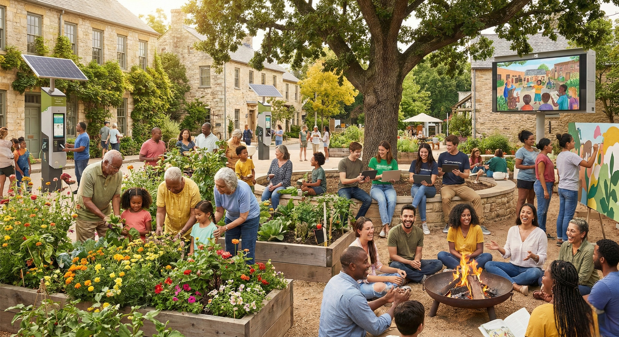 다양한 연령대의 주민들이 야외 광장에서 함께 배우고 소통하며 마을을 활성화하는 평생교육 현장.