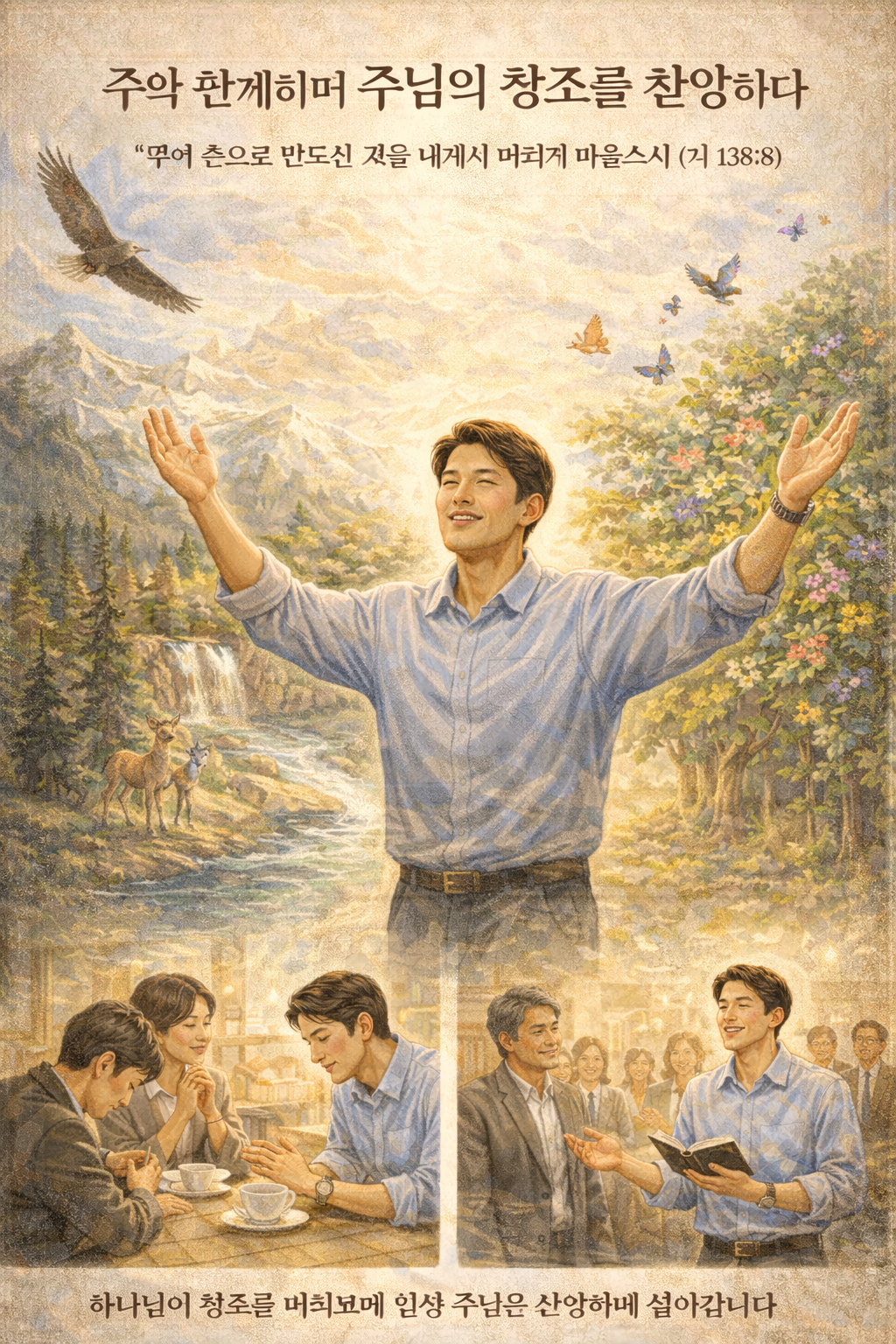 시 138:8 말씀을 보며&amp;#44; 다윗이 주님께서 창조하신 영광스러운 모든 것들이 자신에게서 떠나지 않게 해 달라고 요청했던 것처럼&amp;#44; 하나님께서 창조하신 모든 것들이 제게도 동시에 보이며&amp;#44; 그것들이 저와 함께하도록 주께서 저로부터 떠나지 않게 해 주시옵소서.. 주여&amp;#44; 제가 하나님의 창조하심을 볼 수 있는 눈을 가지고 있으며&amp;#44; 제가 주님과 더불어 일생 주님을 찬양하며 살아가는 삶을 살아가는 모습입니다.