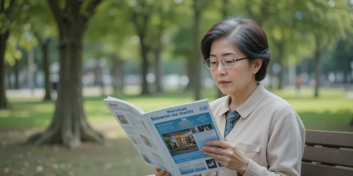 안내책자 읽는 여성