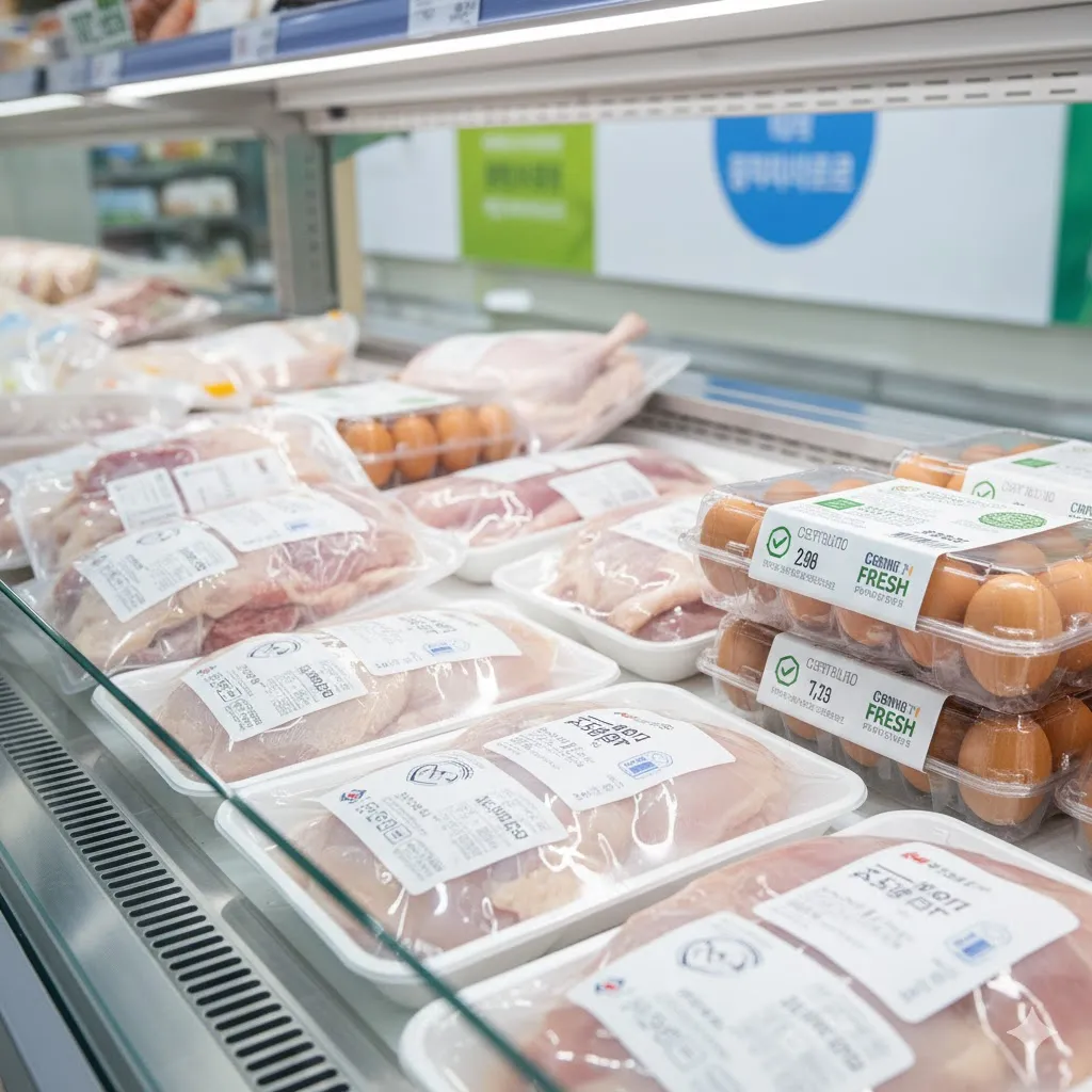 깨끗하고 신선한 상태의 닭고기&amp;#44; 달걀&amp;#44; 오리고기 등 가금류 제품들이 포장되어 진열된 모습을 클로즈업하여 보여줍니다. 배경에는 &amp;#39;안전&amp;#39;&amp;#44; &amp;#39;인증&amp;#39; 등을 상징하는 로고나 마크가 희미하게 비치고&amp;#44; 밝고 신선한 색감으로 식품의 질을 강조합니다. 소비자들이 안심하고 선택할 수 있도록 깔끔하고 먹음직스러운 느낌을 줍니다. 