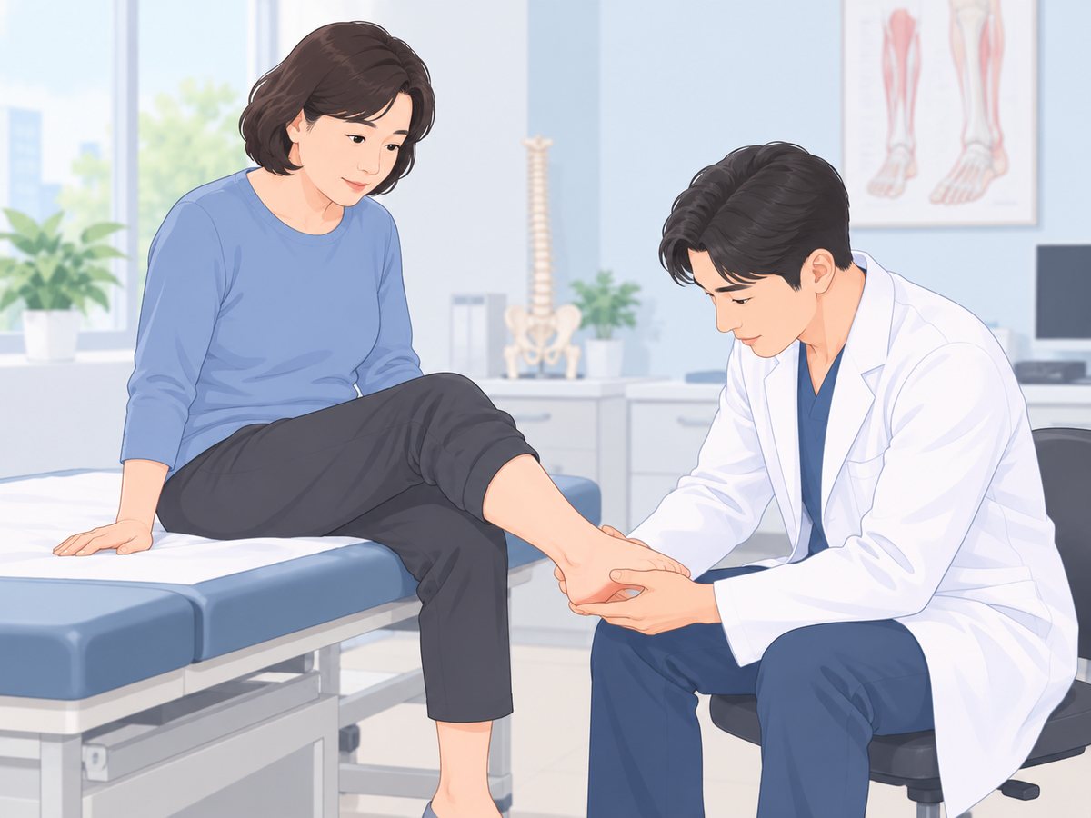의사가 진찰대에 앉은 여성의 발을 두 손으로 받쳐 잡고 뒤꿈치 쪽을 살펴보는 진찰 장면