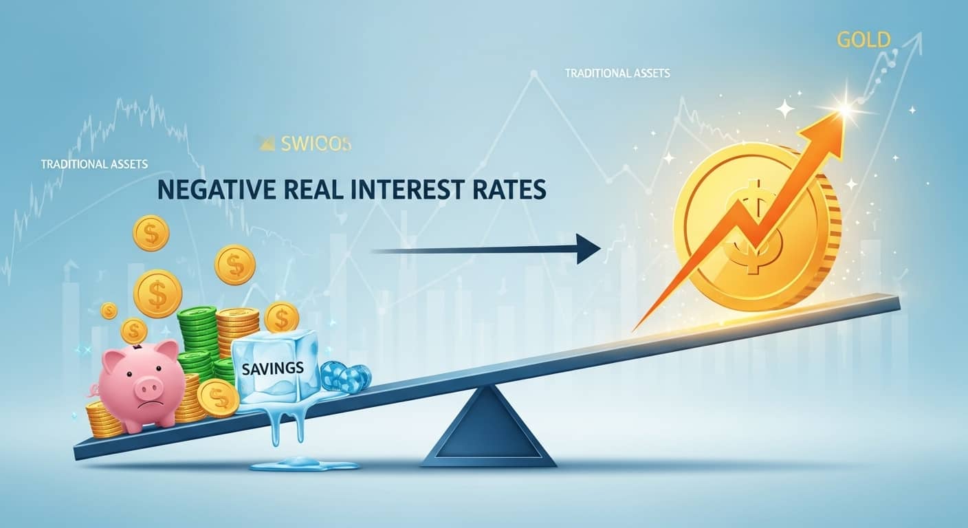 실질금리 마이너스 상황에서 자산 가치 변화를 시각화한 이미지. 시소의 낮은 쪽에는 'Negative Real Interest Rates(마이너스 실질금리)' 텍스트와 함께 슬픈 돼지 저금통, 동전, 녹아내리는 'Savings(저축)' 얼음이 있습니다. 시소의 높은 쪽에는 급상승 화살표가 있는 금화('GOLD')가 놓여 있어, 저축의 가치는 하락하고 금의 가치는 상승하는 현상을 표현합니다.