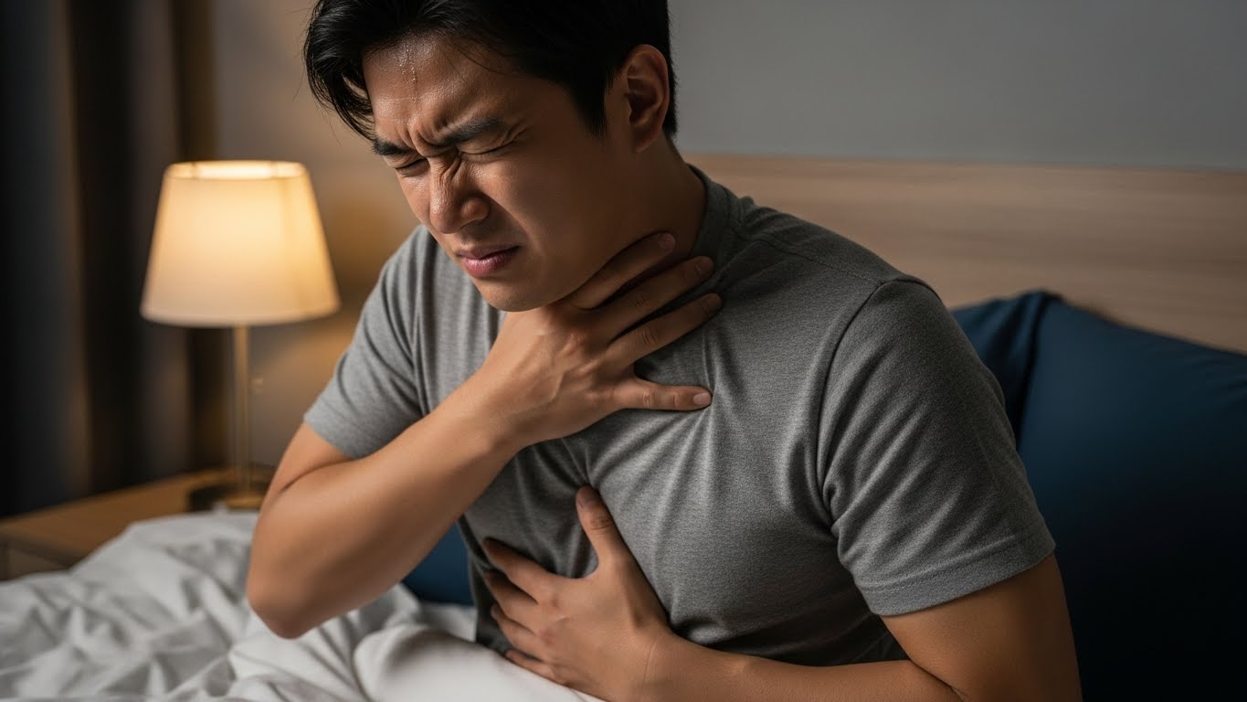 명치통증과 목에 이물감을 느끼는 남성 이미지