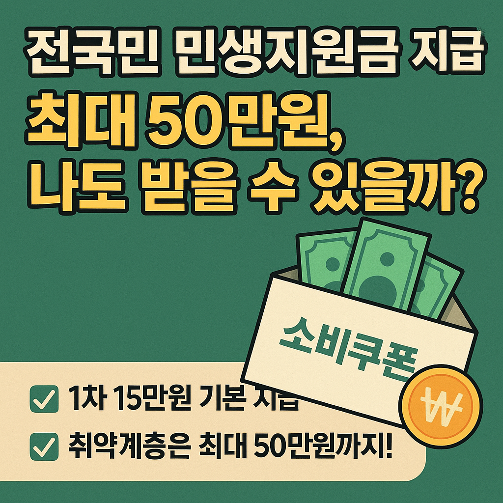 전국민 민생지원금 지급 안내 썸네일 – 최대 50만원 지원, 소비쿠폰 일러스트와 함께 지급 조건 요약 문구 포함