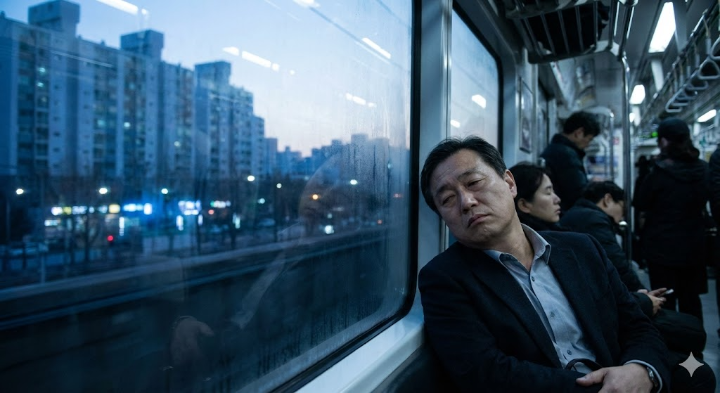 새벽 출근길 지하철 창문에 비친 지친 직장인의 얼굴, 도시의 차가운 불빛 배경