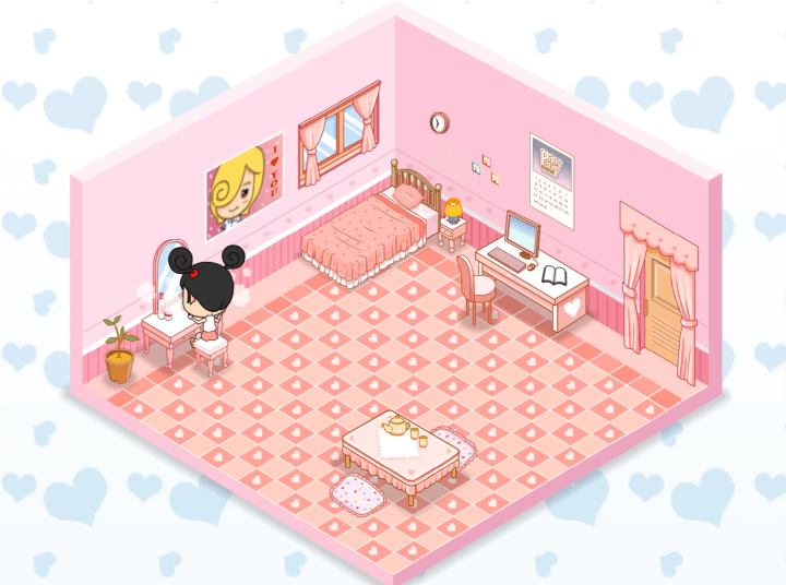 파니하우스-플래시게임-플레이-파니팡이-화장대에-앉아서-화장품을-바르는-화면