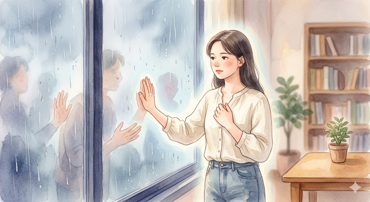 "거절 못 하는 성격에서 벗어나 나를 지키는 경계를 설정하고 평온을 되찾은 여성의 수채화 일러스트"