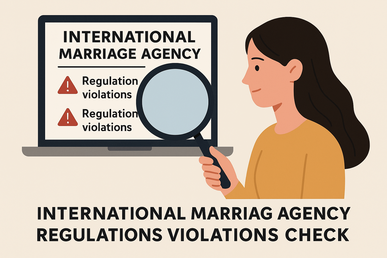 국제결혼 중개업체의 규정 위반 이력을 확인하는 과정을 표현한 디지털 일러스트