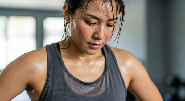 운동 후 흘린 땀으로 옷이 젖어 있고, 땀 냄새가 나는 여성 이미지