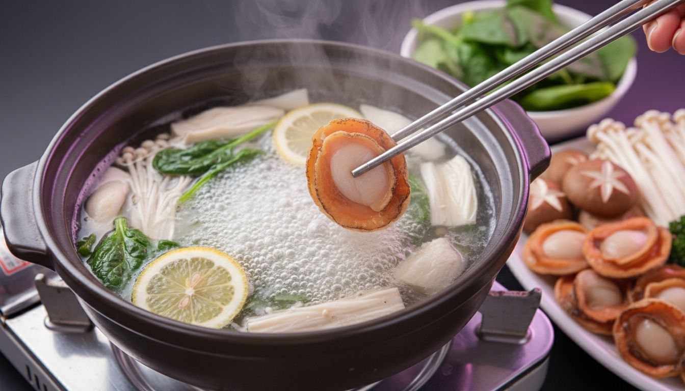 시금치, 버섯, 레몬과 함께 즐기는 신선한 새조개 샤브샤브 요리