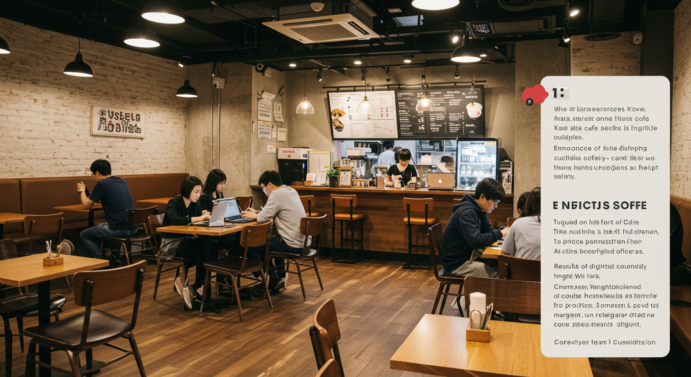 Customers using laptops and charging devices in a modern Korean cafe