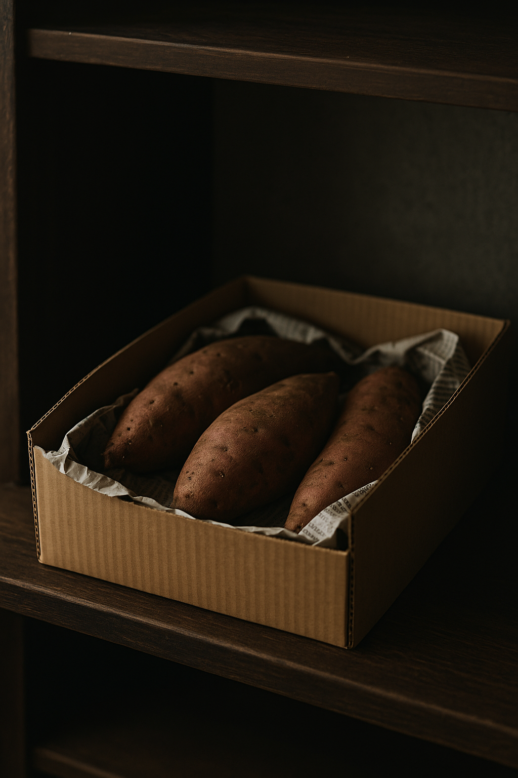종이 상자 속 신문지로 살짝 감싼 고구마
