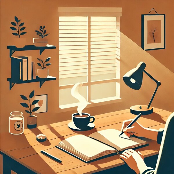 따뜻한 햇살이 비치는 책상 위에서 커피와 함께 노트에 글을 쓰며 저널링을 하는 장면
