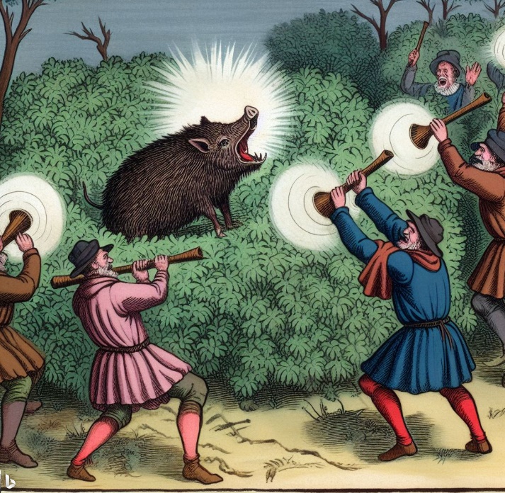 멧돼지를 밖으로 나오도록 유도하는 중세시대의 남성들(made by Bing)