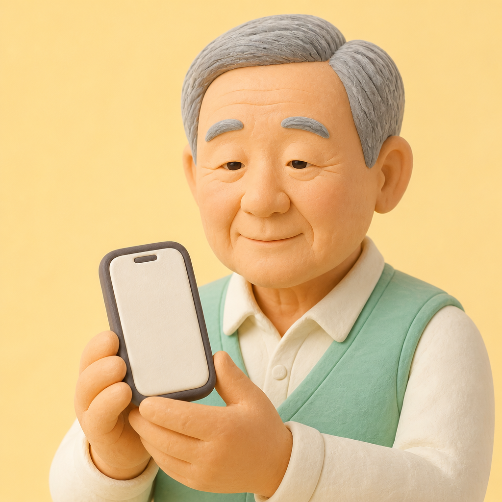 휴대폰을 손에 들고 인증 알림을 기다리는 할아버지