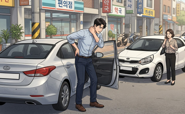 자동차 사고 현장 또는 목/허리를 붙잡고 있는 사람