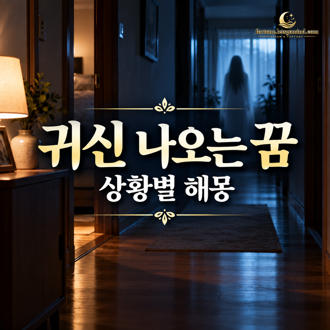 귀신 나오는 꿈 제목과 어두운 집 복도 끝에 희미한 사람 형체가 보이는 장면