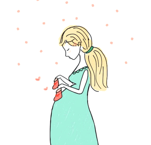 청록색 치마를 입은 노란색 긴머리 여자가 있다. 임산부로 배가 불룩하고 진분홍색 아기 신발을 손에 들고 있다.