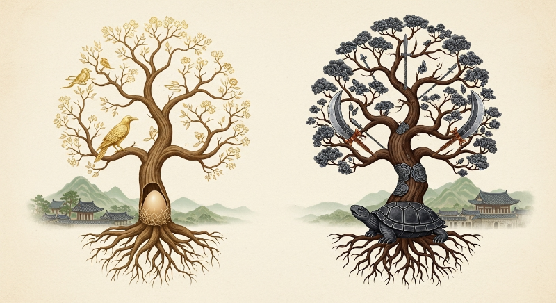 신라와 가야의 뿌리에서 뻗어 나가는 두 개의 김씨 가문 계보가 한국 고대 풍경 위에 신비롭게 겹쳐진 모습