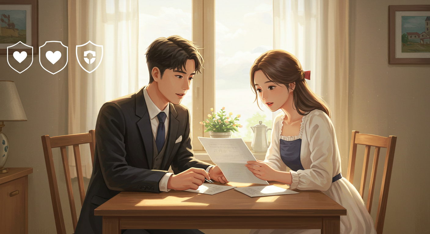 신혼부부가 암보험 서류를 함께 검토하는 모습