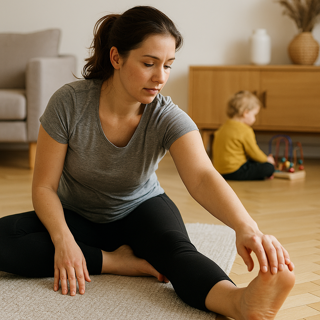 육아 중 스트레칭을 하고 있는 여자의 모습