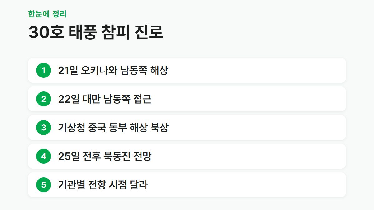 제30호 태풍 참피의 날짜별 예상 진로를 정리한 요약 카드