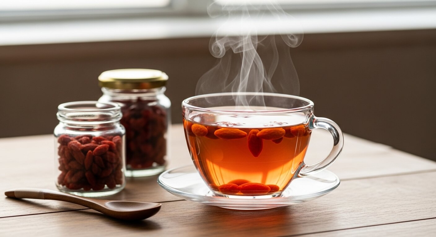 따뜻한 구기자차 한 잔과 유리컵에 비친 붉은 빛