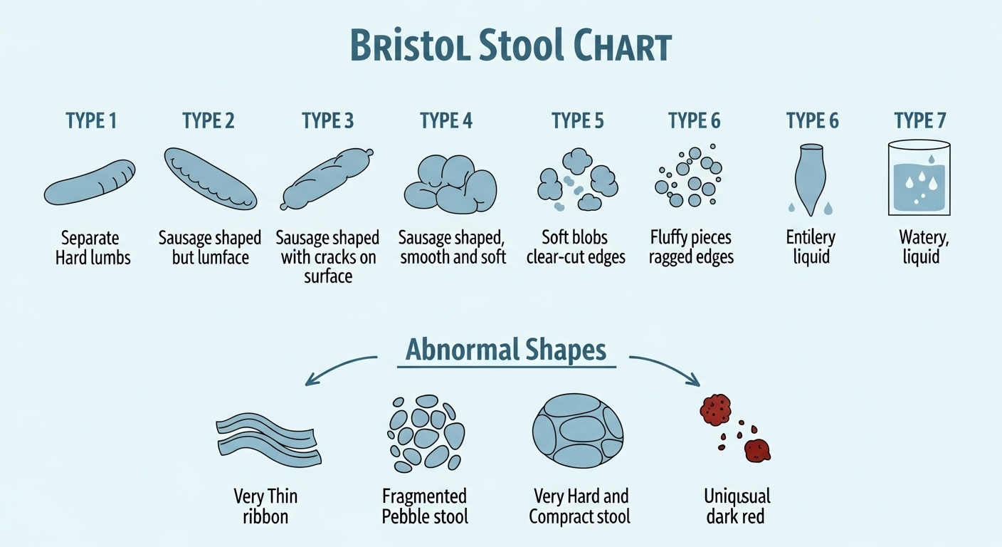 대장암 초기 징후 중 하나인 배변 습관 변화와 관련된 다양한 변의 형태를 보여주는 인포그래픽입니다
