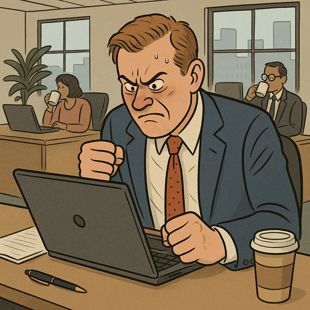 근무 중 화를 참지 못하는 한 직장인