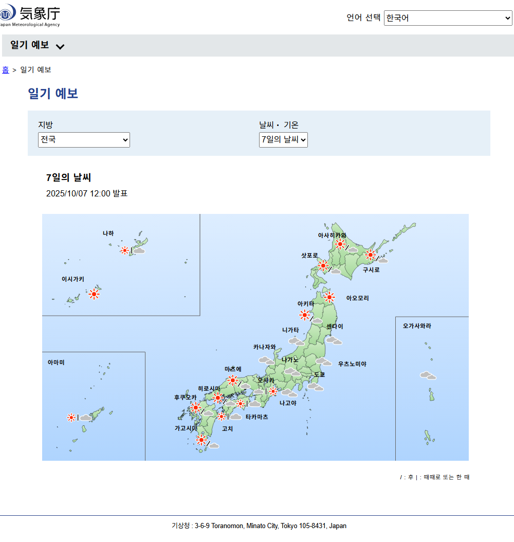 일본 여행, 일본 기상청에서 날씨, 태풍, 지진 실시간 확인