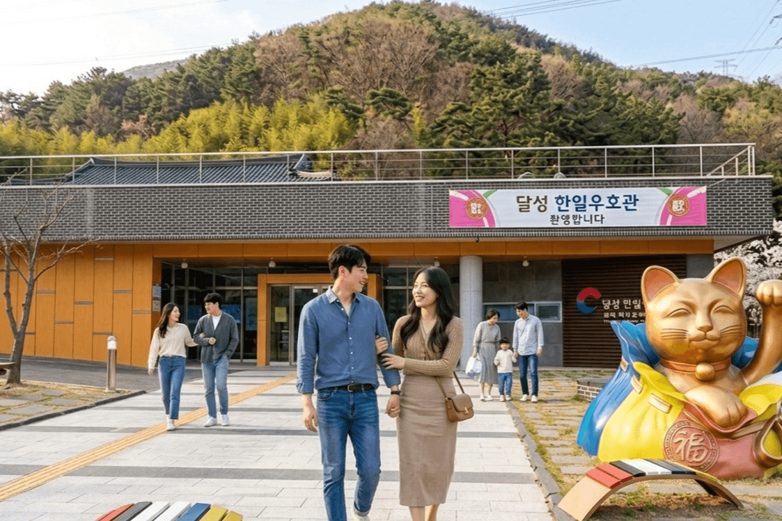 대구 달성 한일우호관 건물 입구에 환영합니다 현수막이 걸려 있고 앞쪽에 황금색 마네키네코 조형물과 벤치가 있는 맑은 날 전경