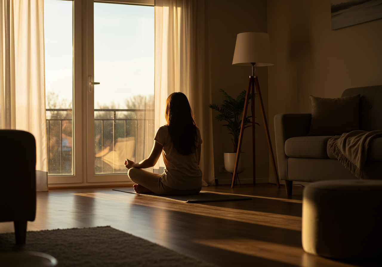 창가에서 명상을 하며 하루를 시작하는 엄마