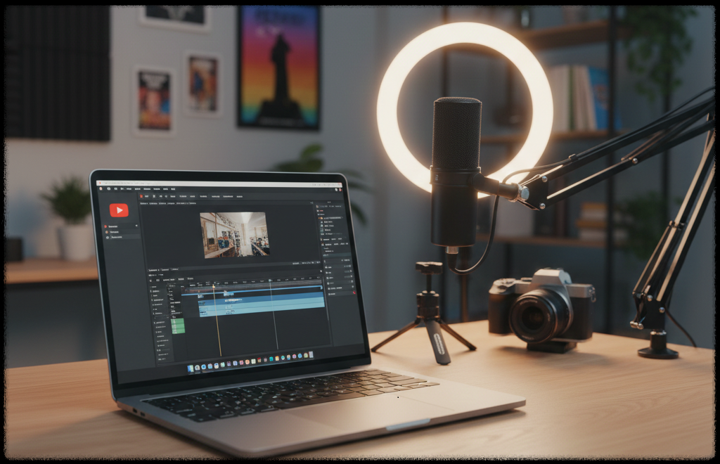 콘텐츠 크리에이터 부업을 상징하는 촬영 장비와 노트북 이미지
